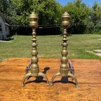 Antique Brass & Wrought Iron Fireplace Andirons Firedogs Victorian Colonial Pair
