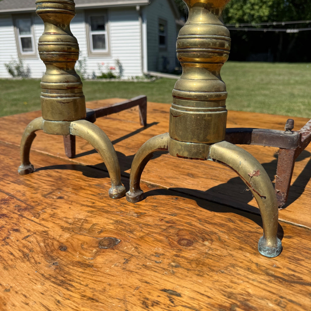 Antique Brass & Wrought Iron Fireplace Andirons Firedogs Victorian Colonial Pair