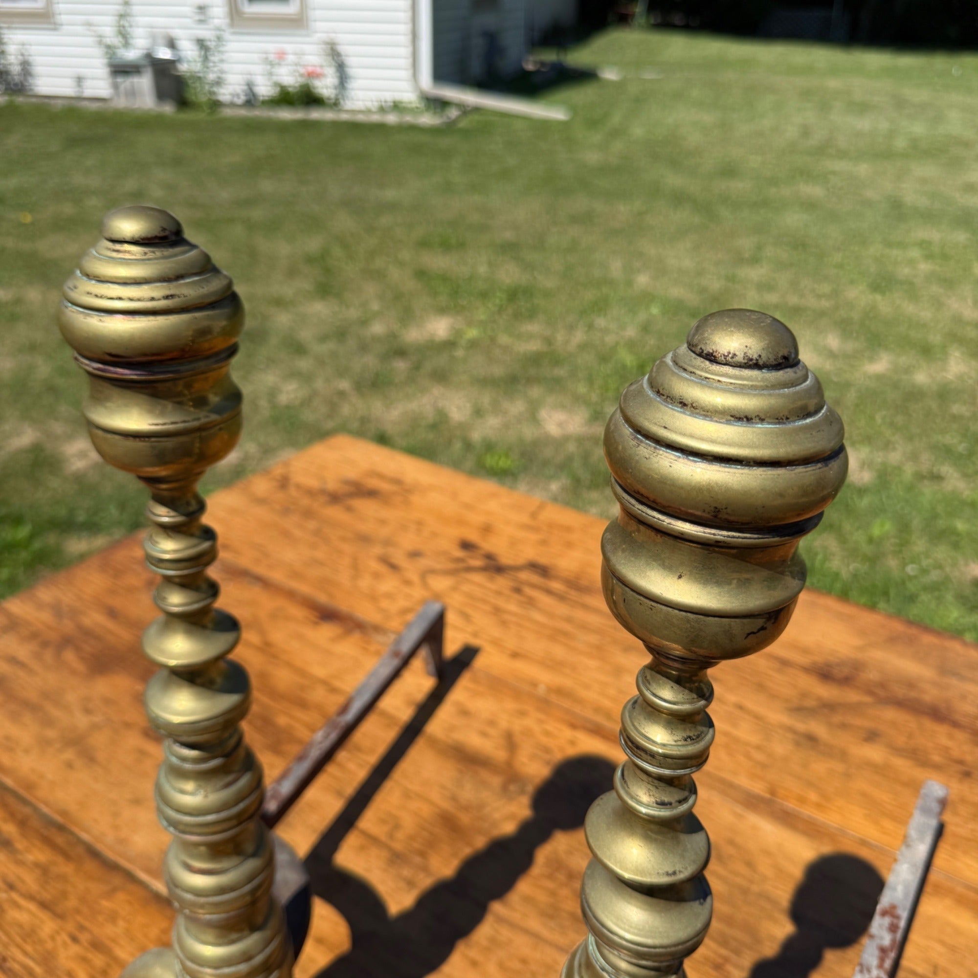 Antique Brass & Wrought Iron Fireplace Andirons Firedogs Victorian Colonial Pair