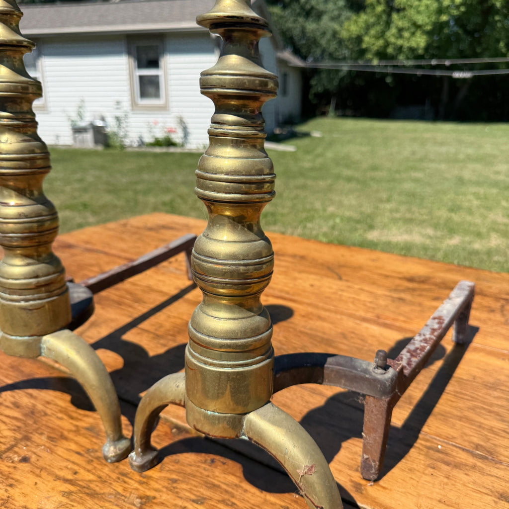 Antique Brass & Wrought Iron Fireplace Andirons Firedogs Victorian Colonial Pair