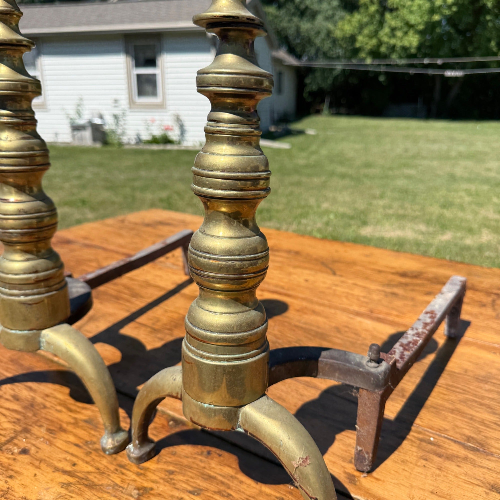 Antique Brass & Wrought Iron Fireplace Andirons Firedogs Victorian Colonial Pair