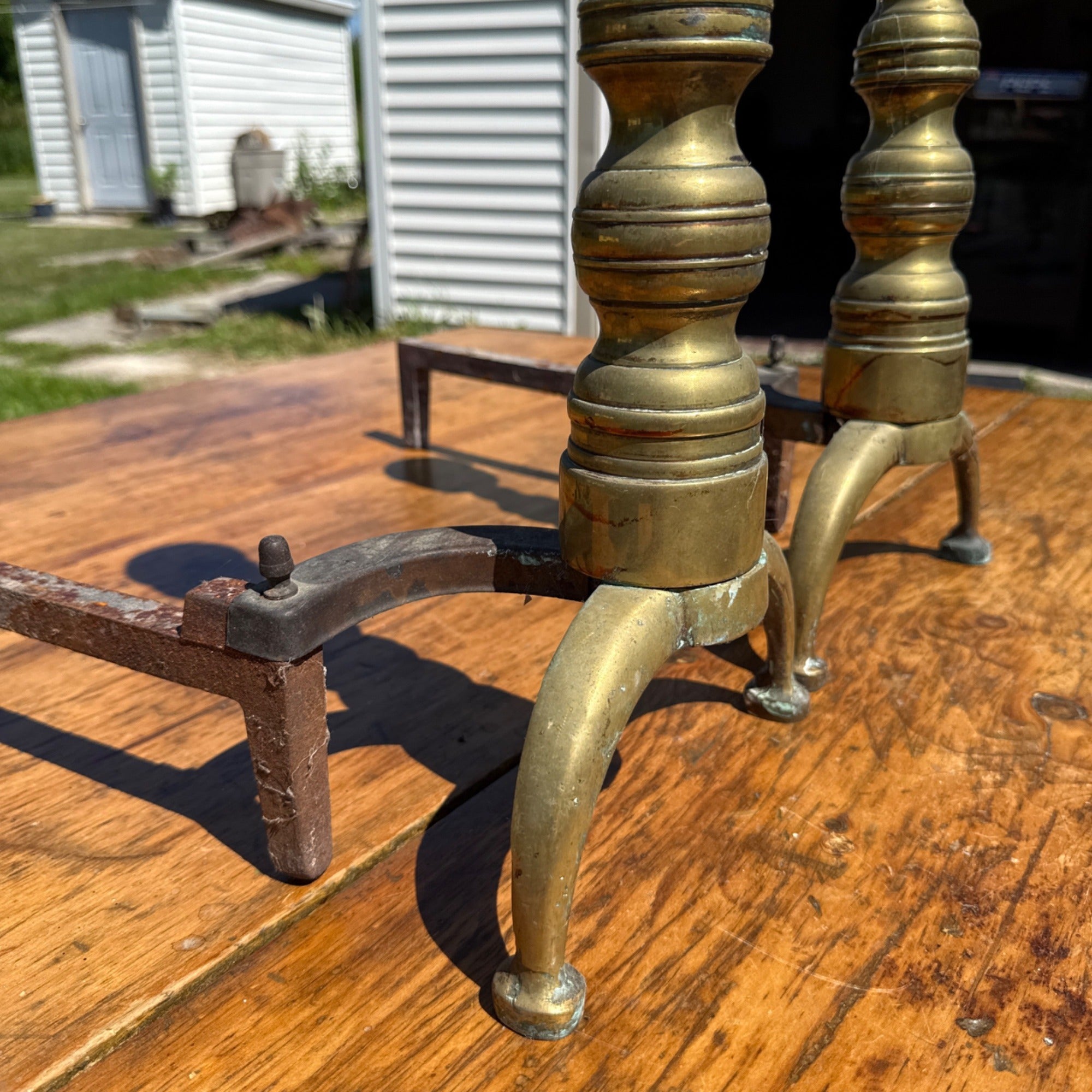 Antique Brass & Wrought Iron Fireplace Andirons Firedogs Victorian Colonial Pair