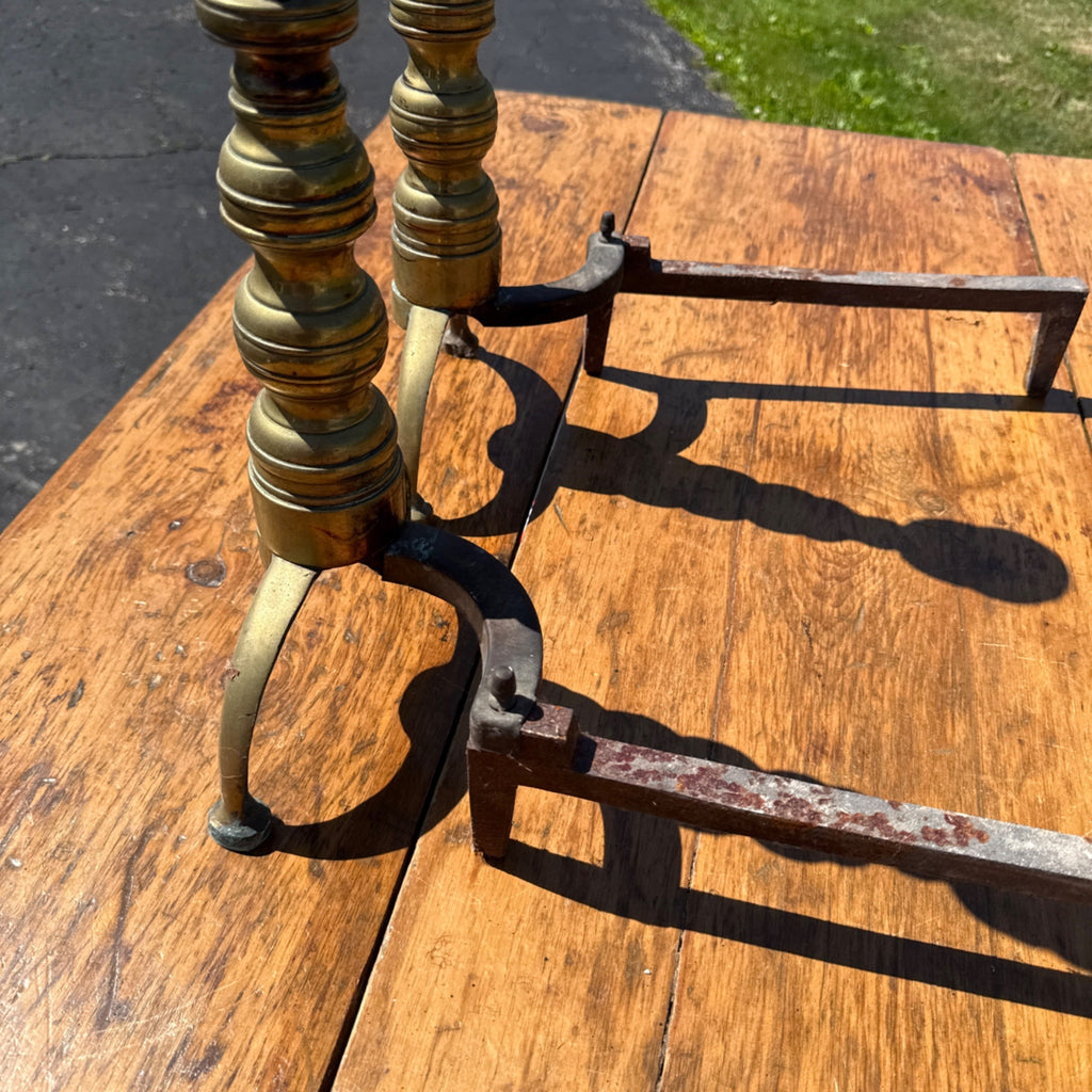 Antique Brass & Wrought Iron Fireplace Andirons Firedogs Victorian Colonial Pair