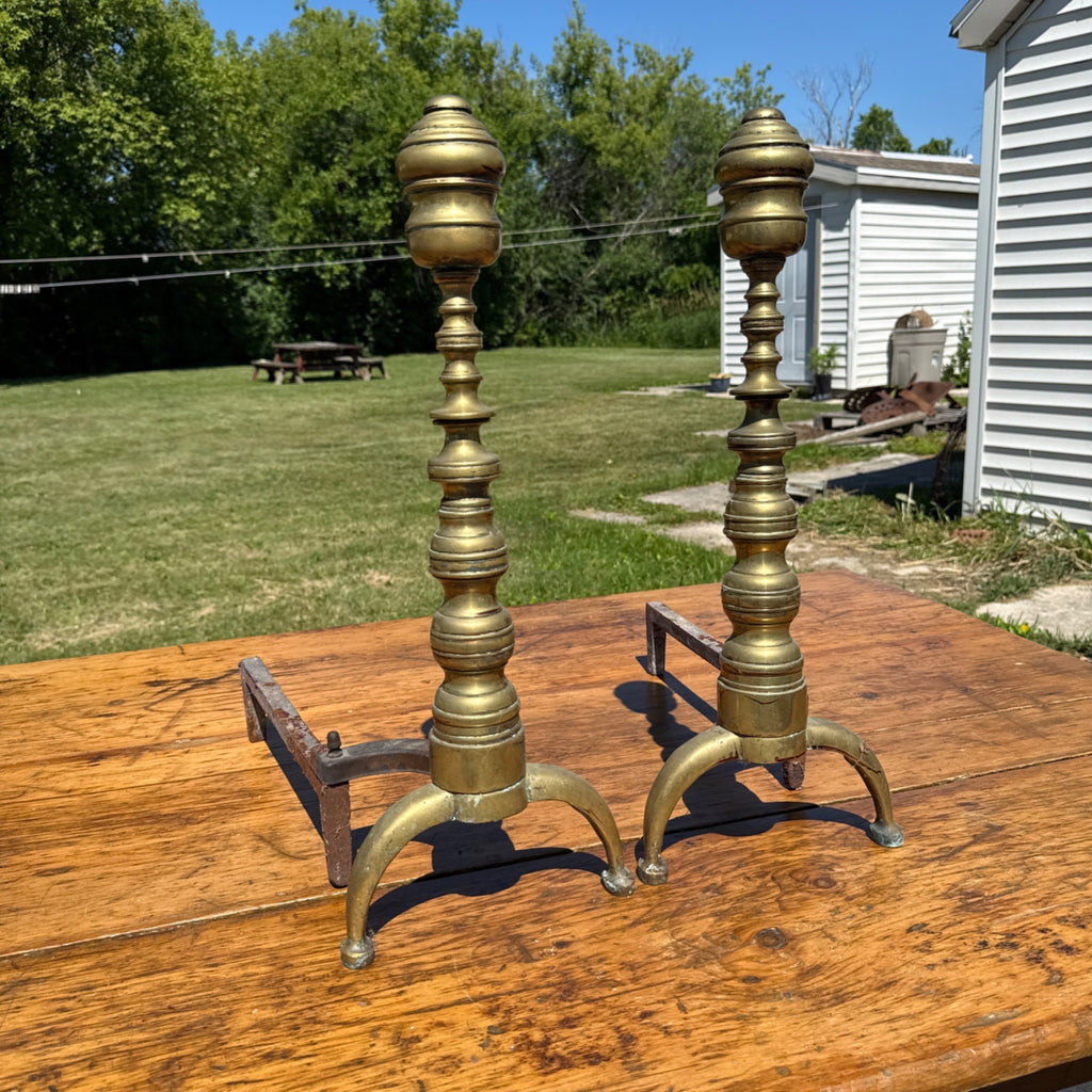 Antique Brass & Wrought Iron Fireplace Andirons Firedogs Victorian Colonial Pair