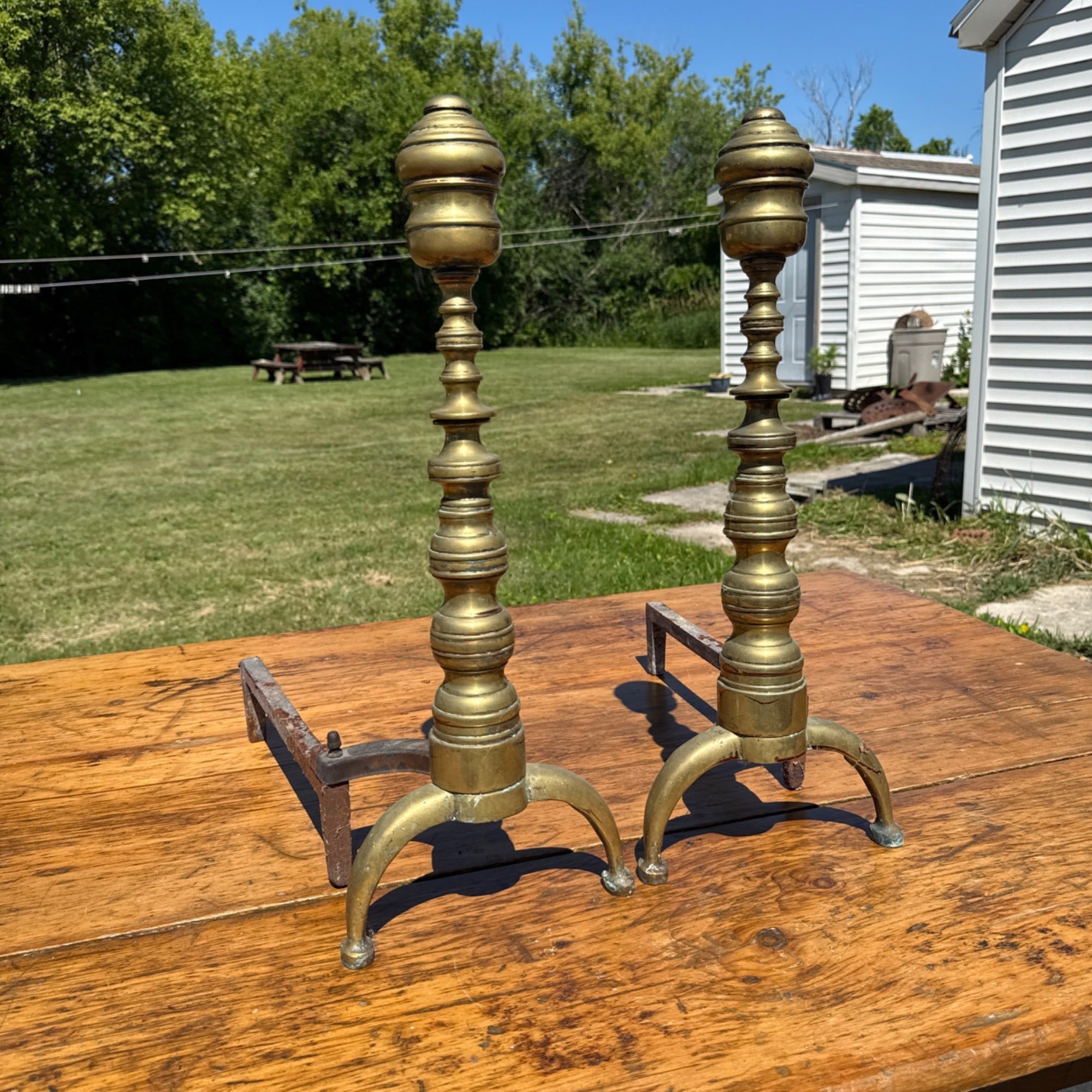 Antique Brass & Wrought Iron Fireplace Andirons Firedogs Victorian Colonial Pair