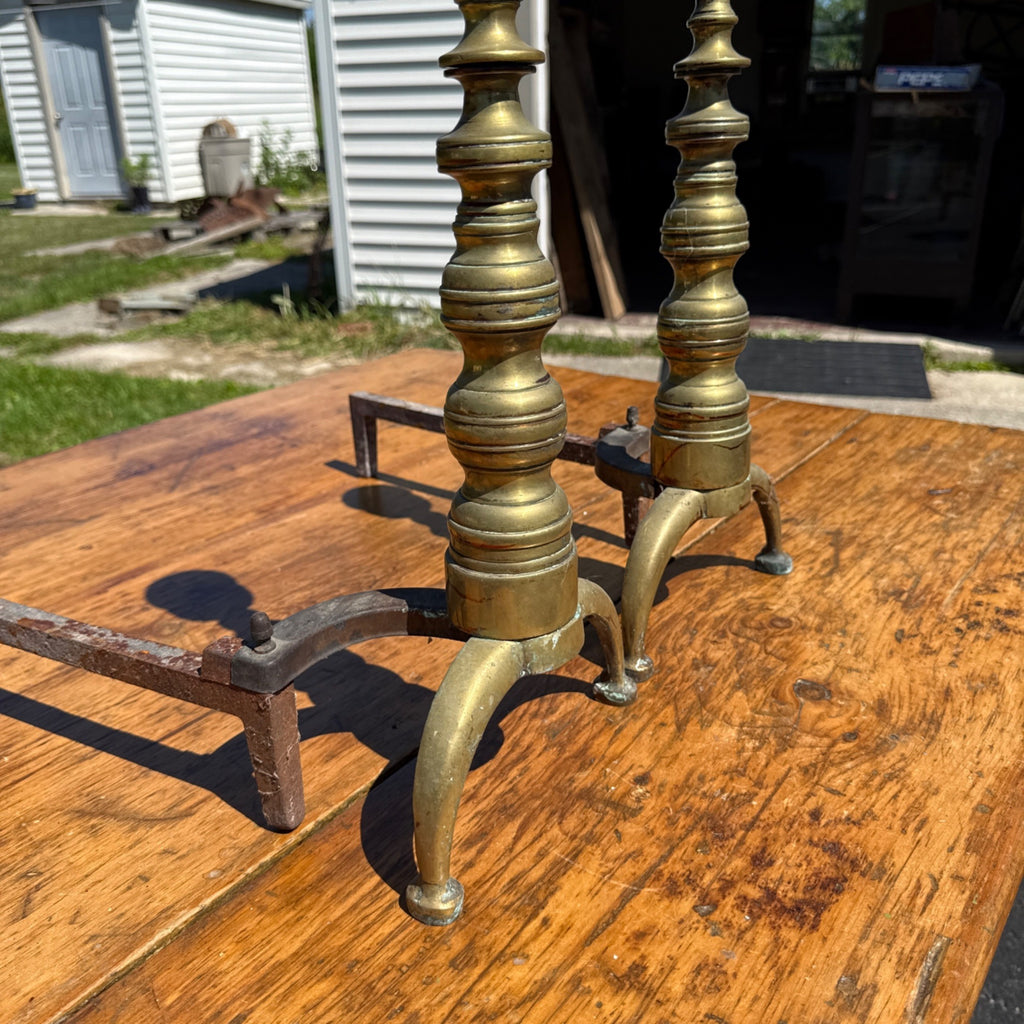 Antique Brass & Wrought Iron Fireplace Andirons Firedogs Victorian Colonial Pair