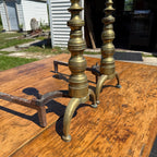Antique Brass & Wrought Iron Fireplace Andirons Firedogs Victorian Colonial Pair