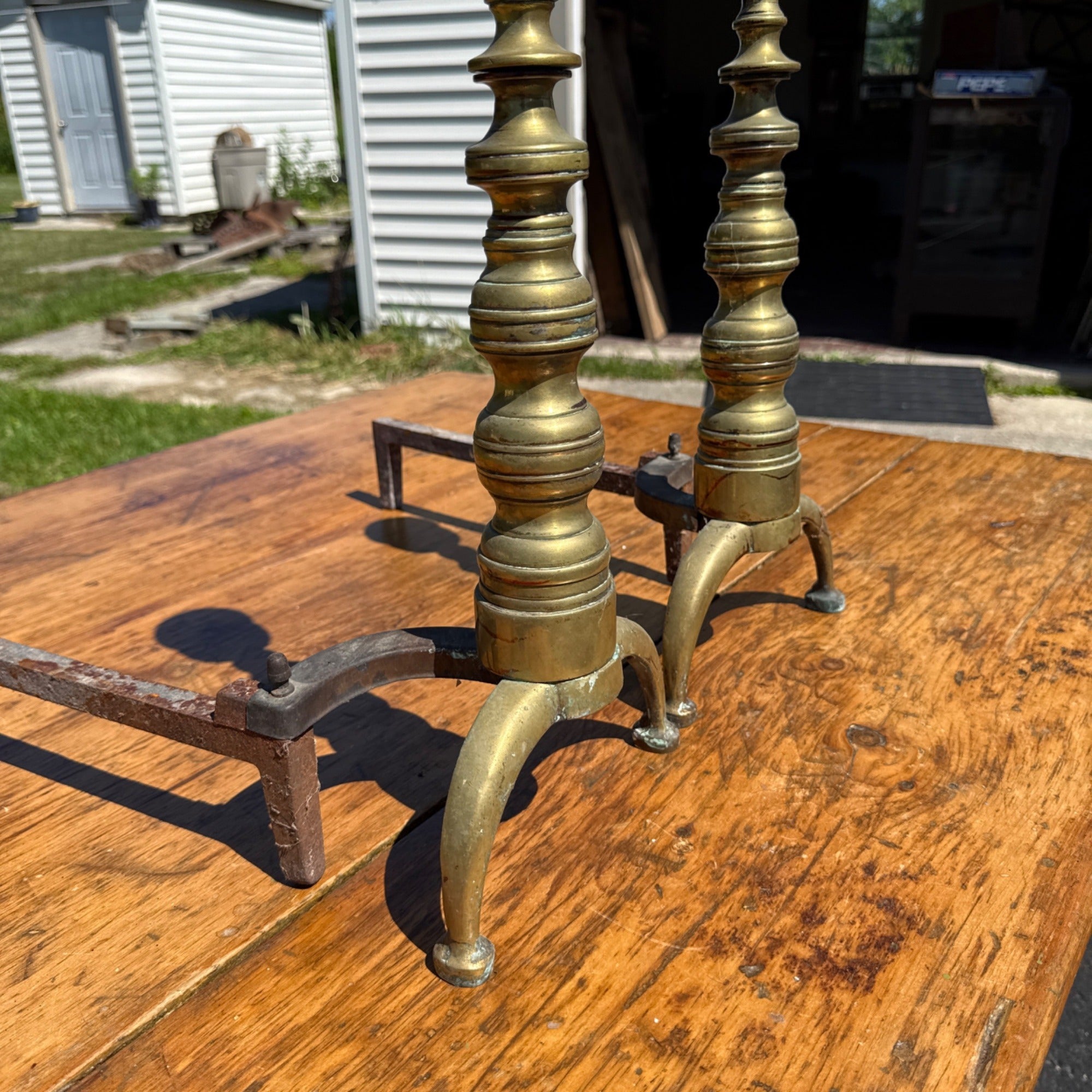 Antique Brass & Wrought Iron Fireplace Andirons Firedogs Victorian Colonial Pair