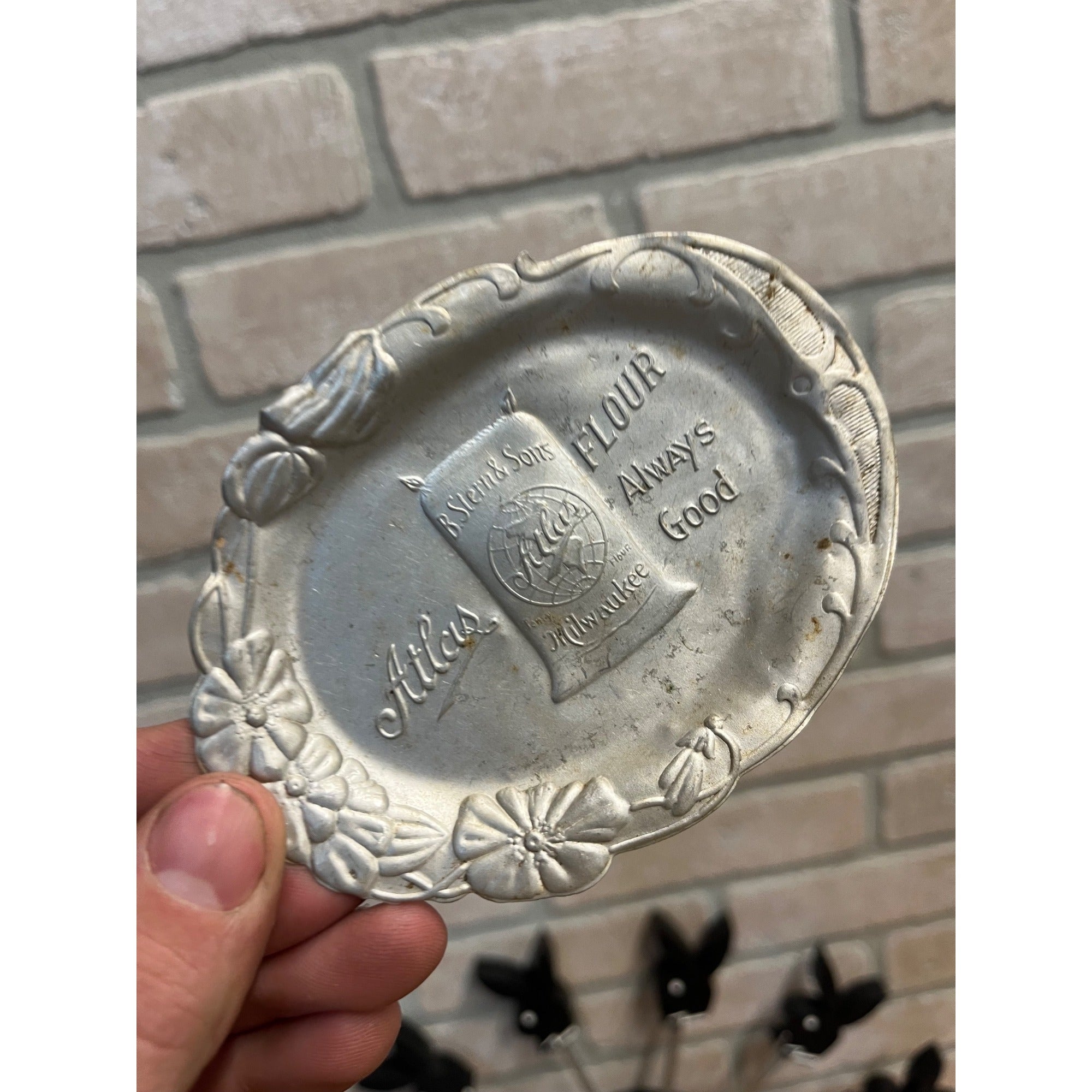 Original Vintage Atlas Flour Aluminum Tip Tray Advertising Early Milwaukee Wis