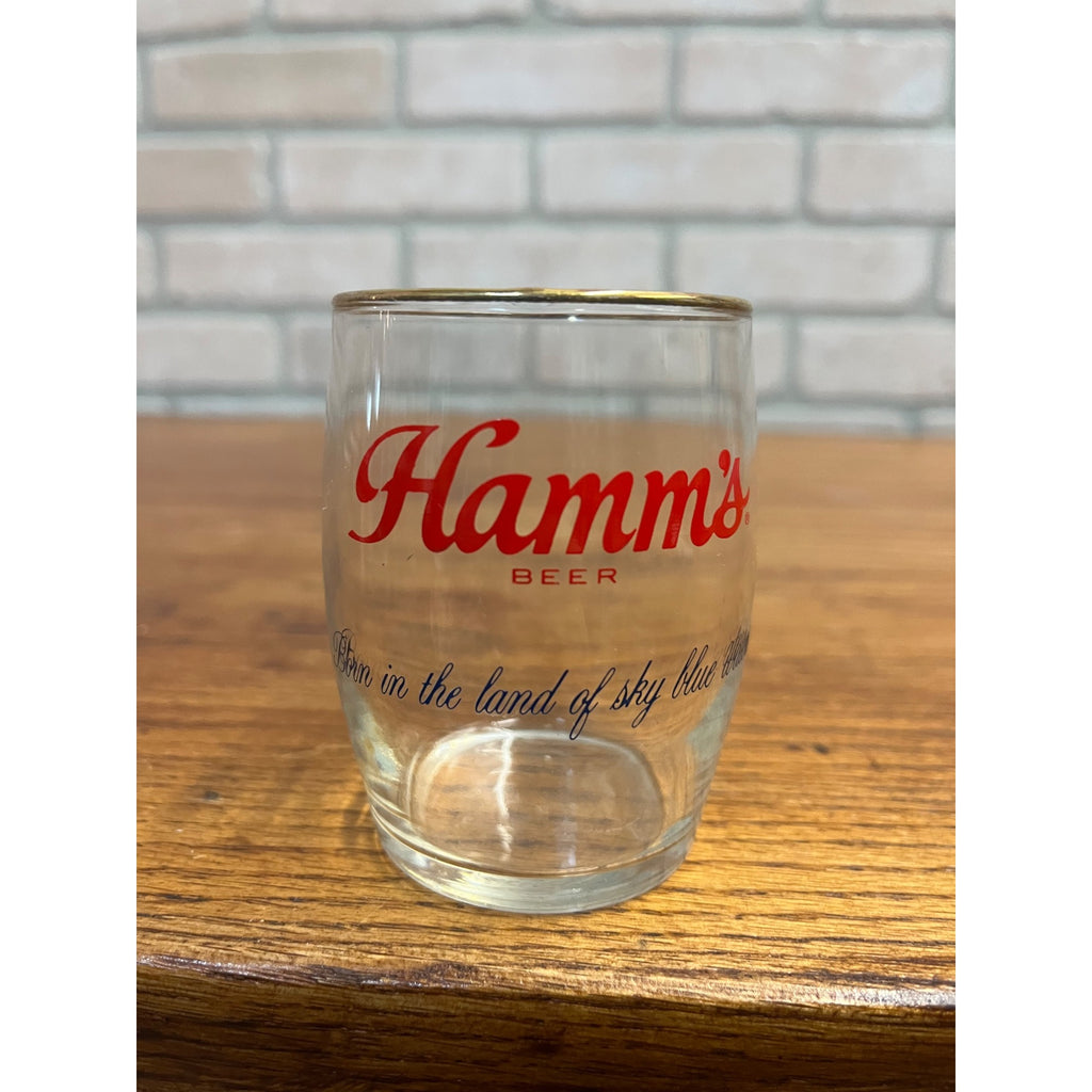Vintage Hamm's Beer Barrel Glass 6 oz Gold Rim 3-1/4" Land of Sky Blue Waters
