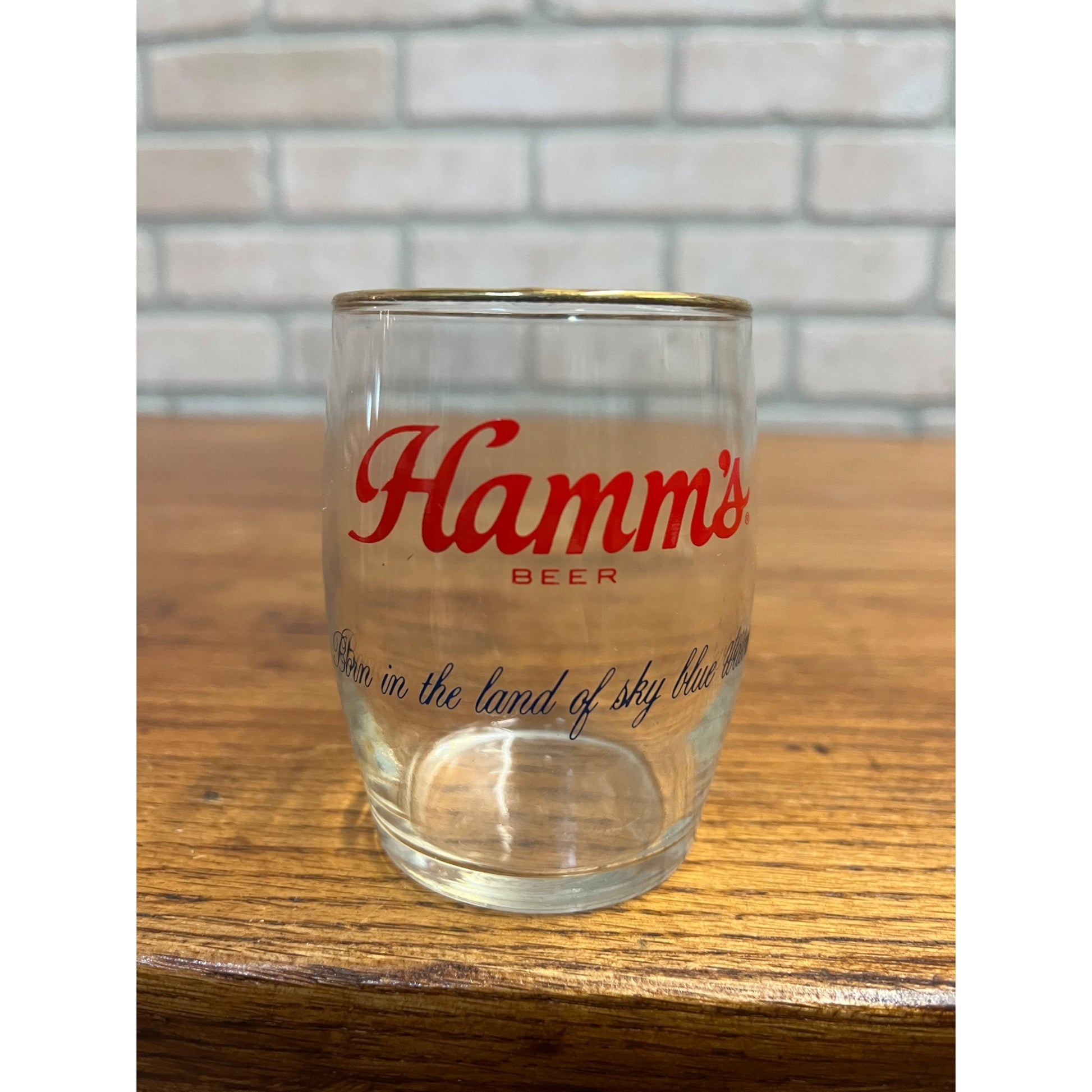Vintage Hamm's Beer Barrel Glass 6 oz Gold Rim 3-1/4" Land of Sky Blue Waters