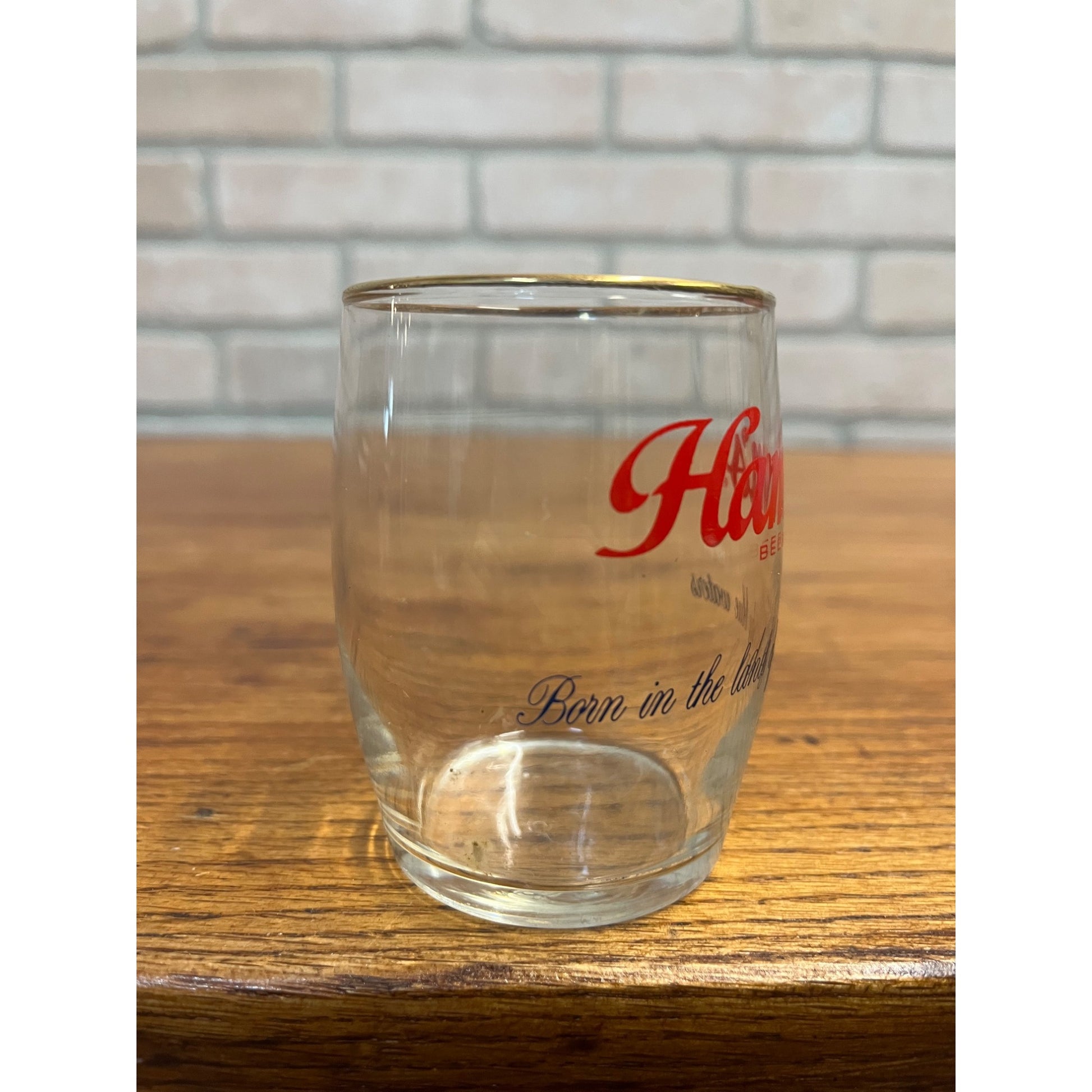 Vintage Hamm's Beer Barrel Glass 6 oz Gold Rim 3-1/4" Land of Sky Blue Waters
