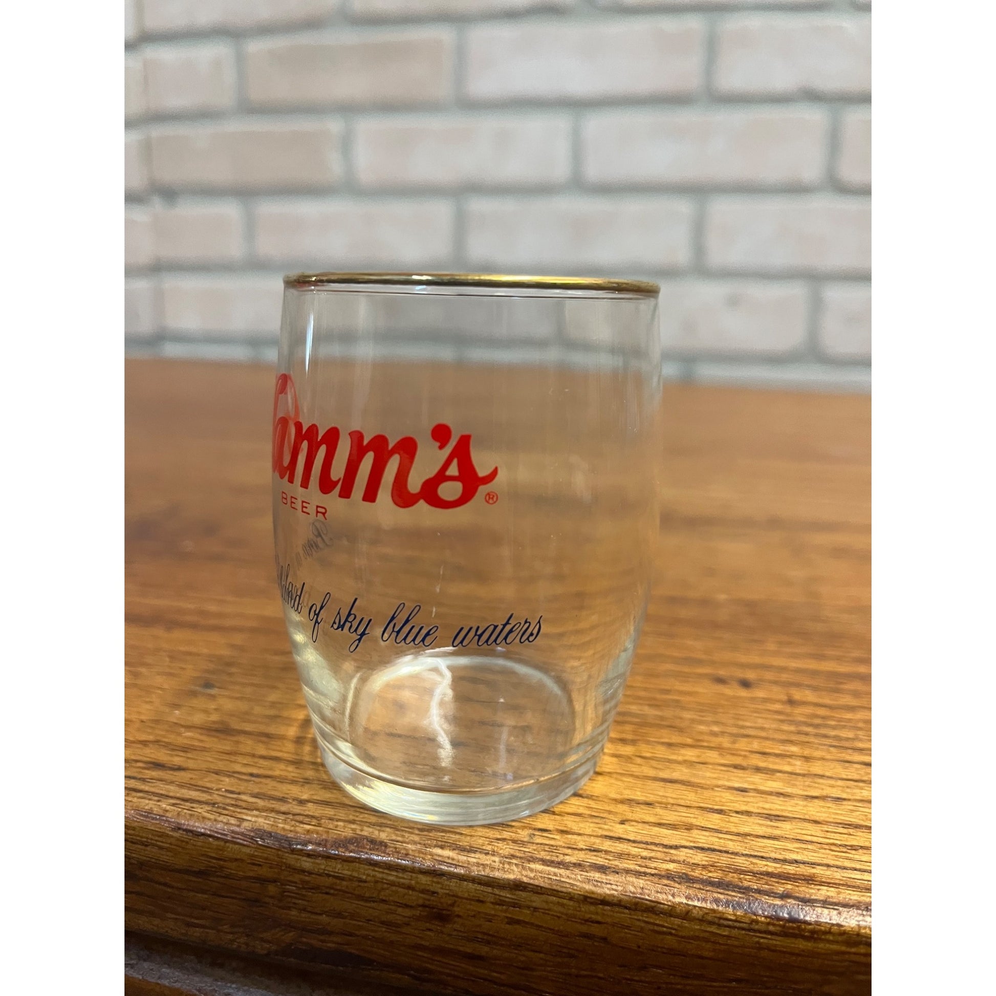 Vintage Hamm's Beer Barrel Glass 6 oz Gold Rim 3-1/4" Land of Sky Blue Waters