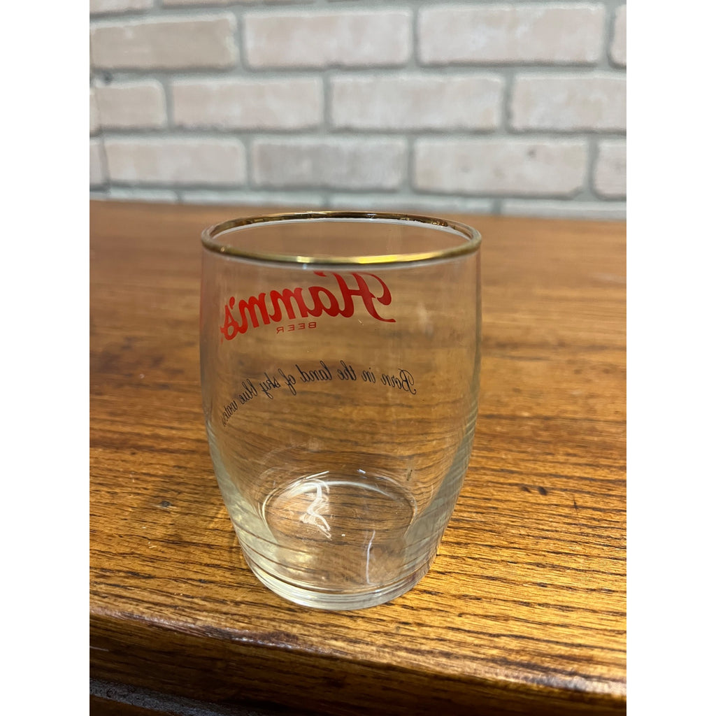 Vintage Hamm's Beer Barrel Glass 6 oz Gold Rim 3-1/4" Land of Sky Blue Waters