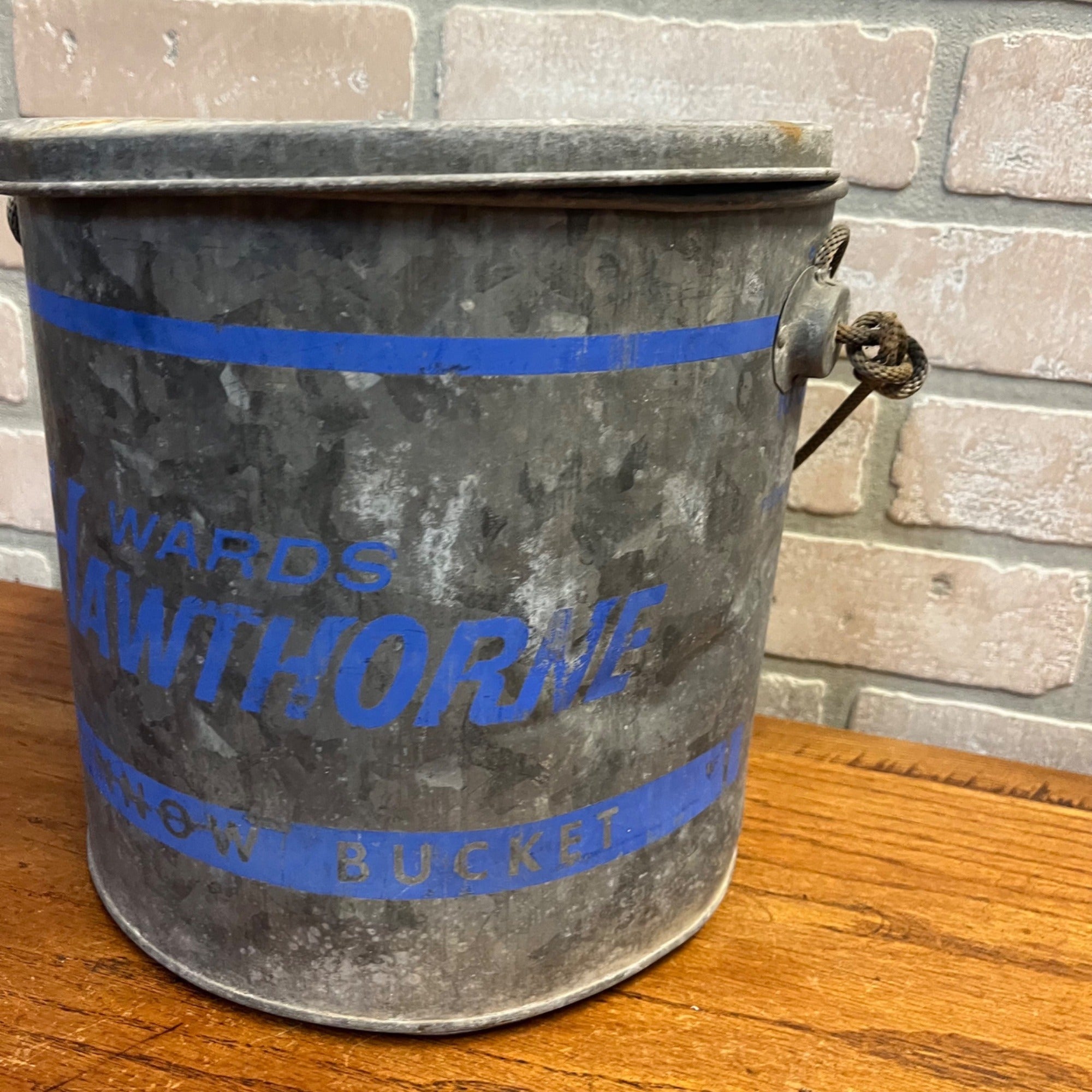 Vintage Metal Wards Hawthorne Minnow Bucket With Lid and Rope Handle Blue Stripe Decoration Primitive Cabin Decor