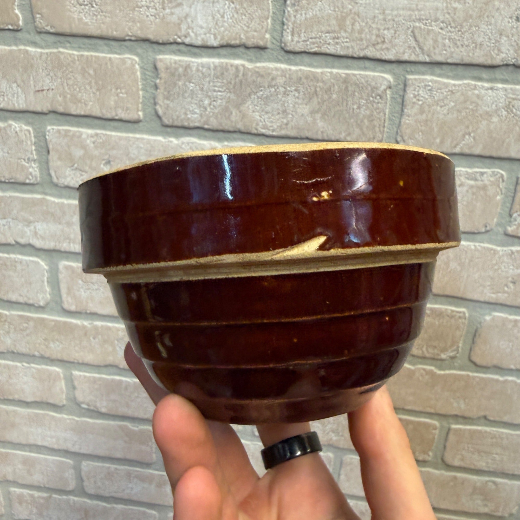 Vintage Rustic 5" Red-Brown Ceramic Bowl With Ribbed Design