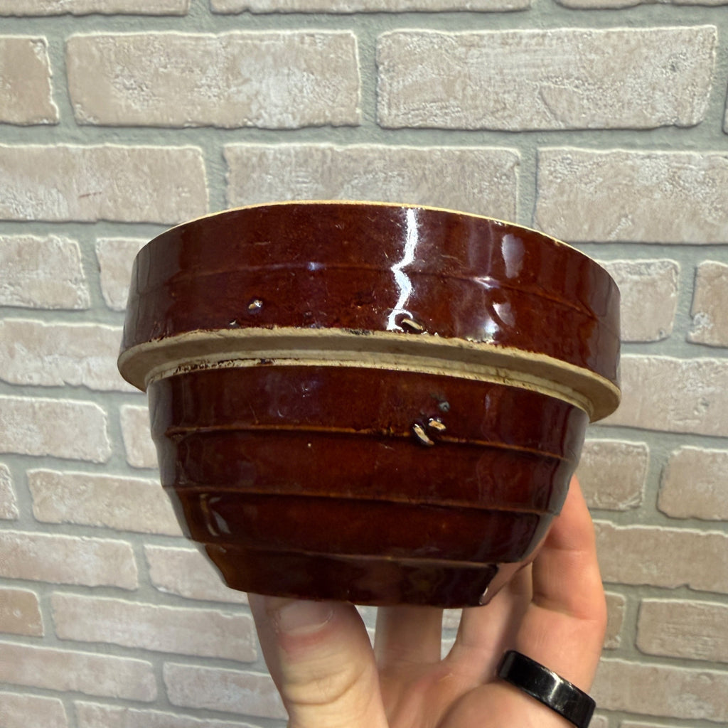 Vintage Rustic 5" Red-Brown Ceramic Bowl With Ribbed Design
