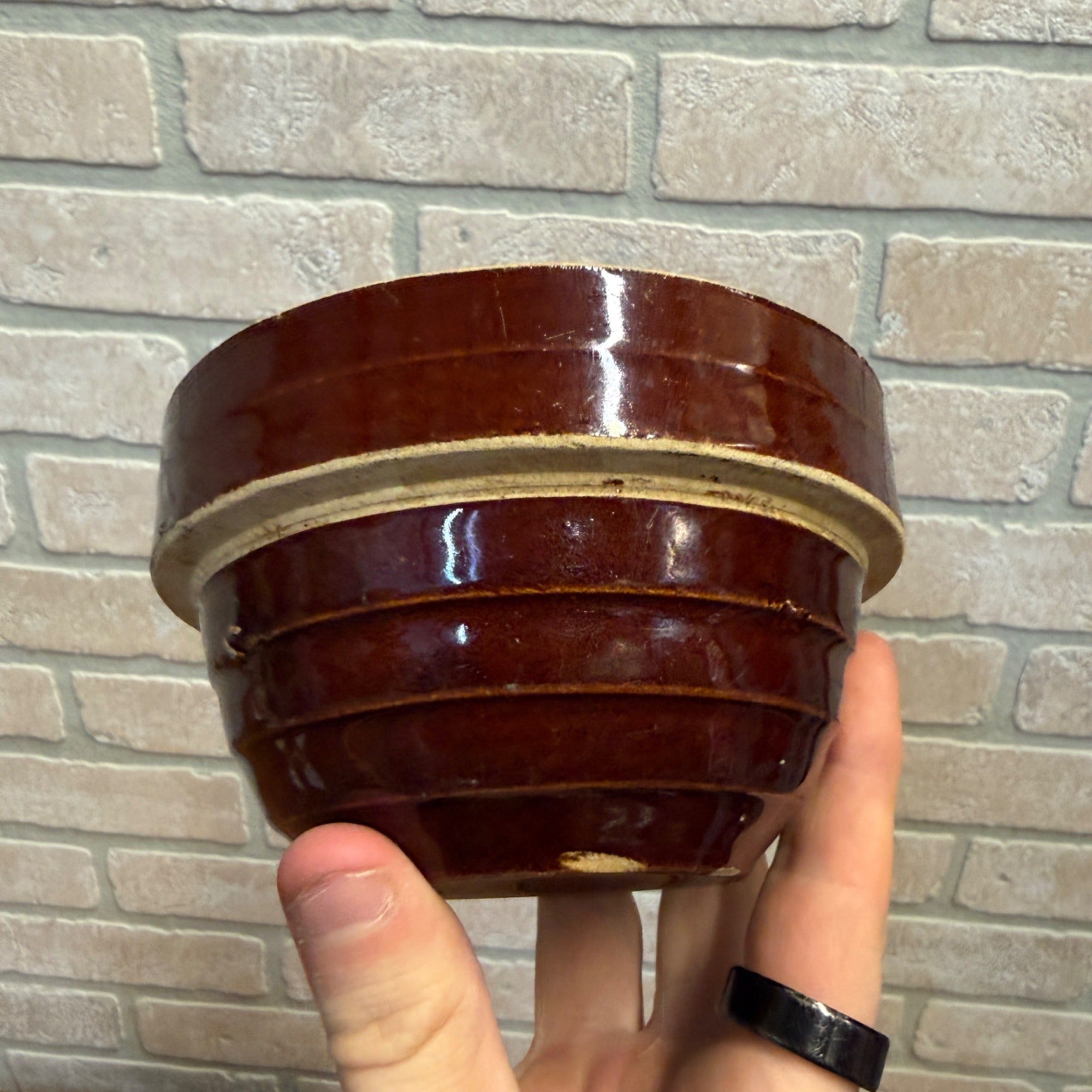 Vintage Rustic 5" Red-Brown Ceramic Bowl With Ribbed Design
