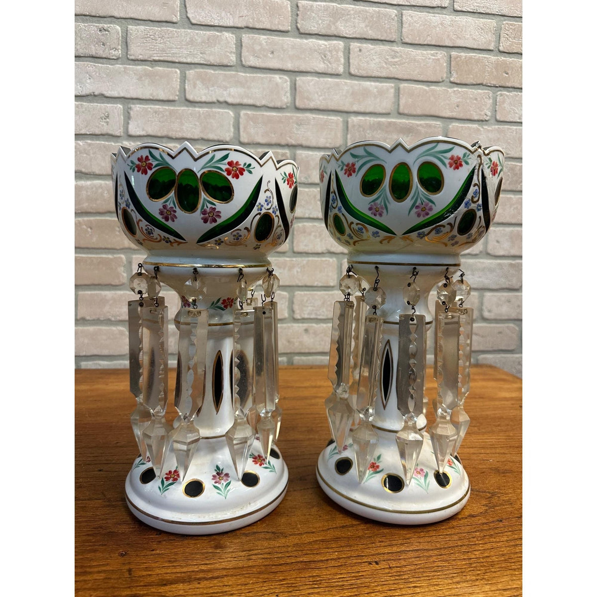 Victorian Era Pair of Czech/ Crystal, Bohemian Mantle Luster Lamps White & Green