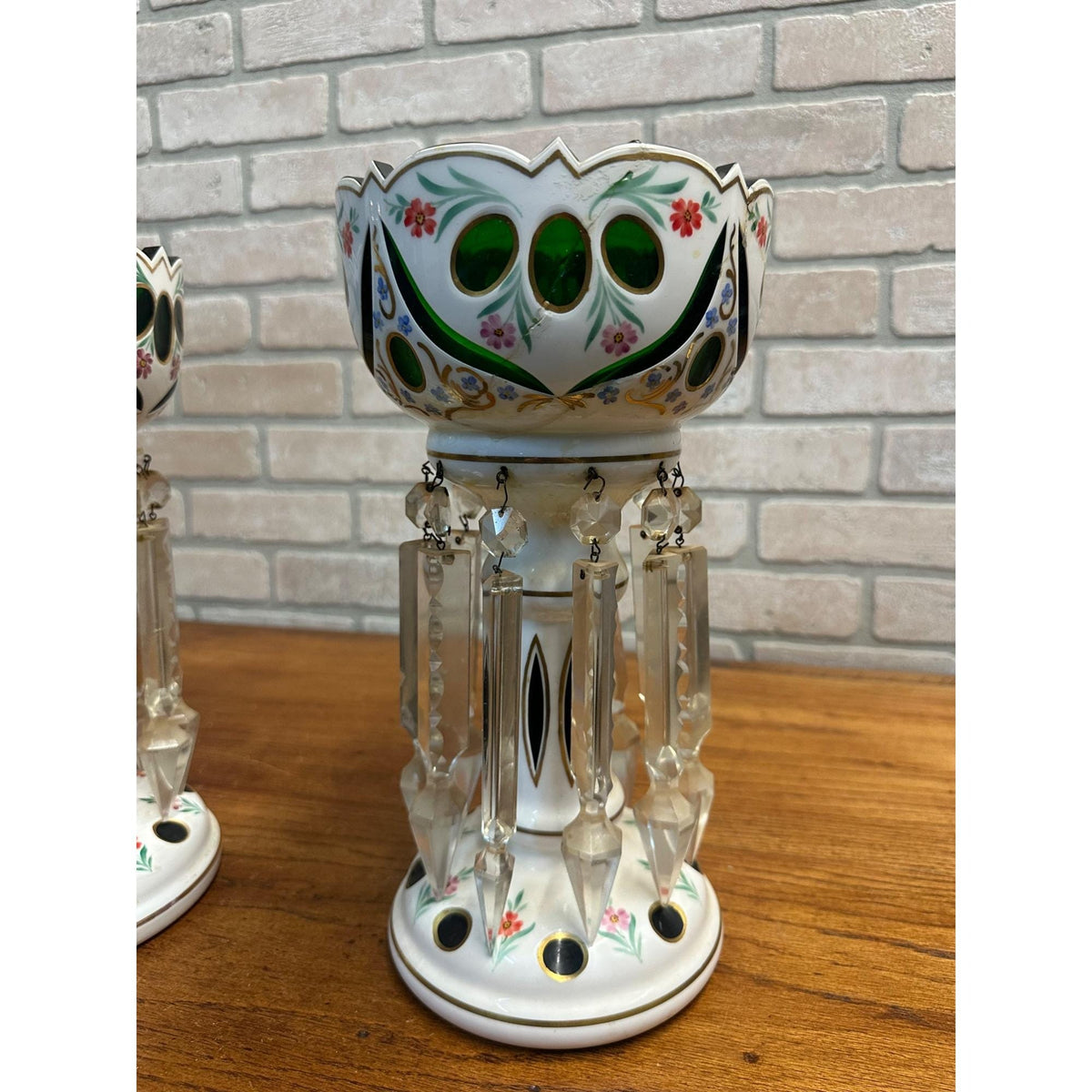 Victorian Era Pair of Czech/ Crystal, Bohemian Mantle Luster Lamps White & Green
