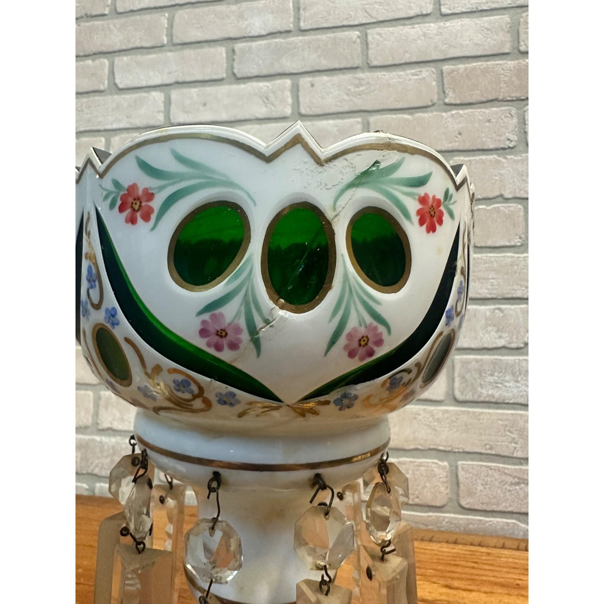 Victorian Era Pair of Czech/ Crystal, Bohemian Mantle Luster Lamps White & Green