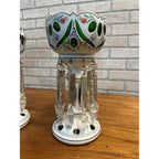 Victorian Era Pair of Czech/ Crystal, Bohemian Mantle Luster Lamps White & Green