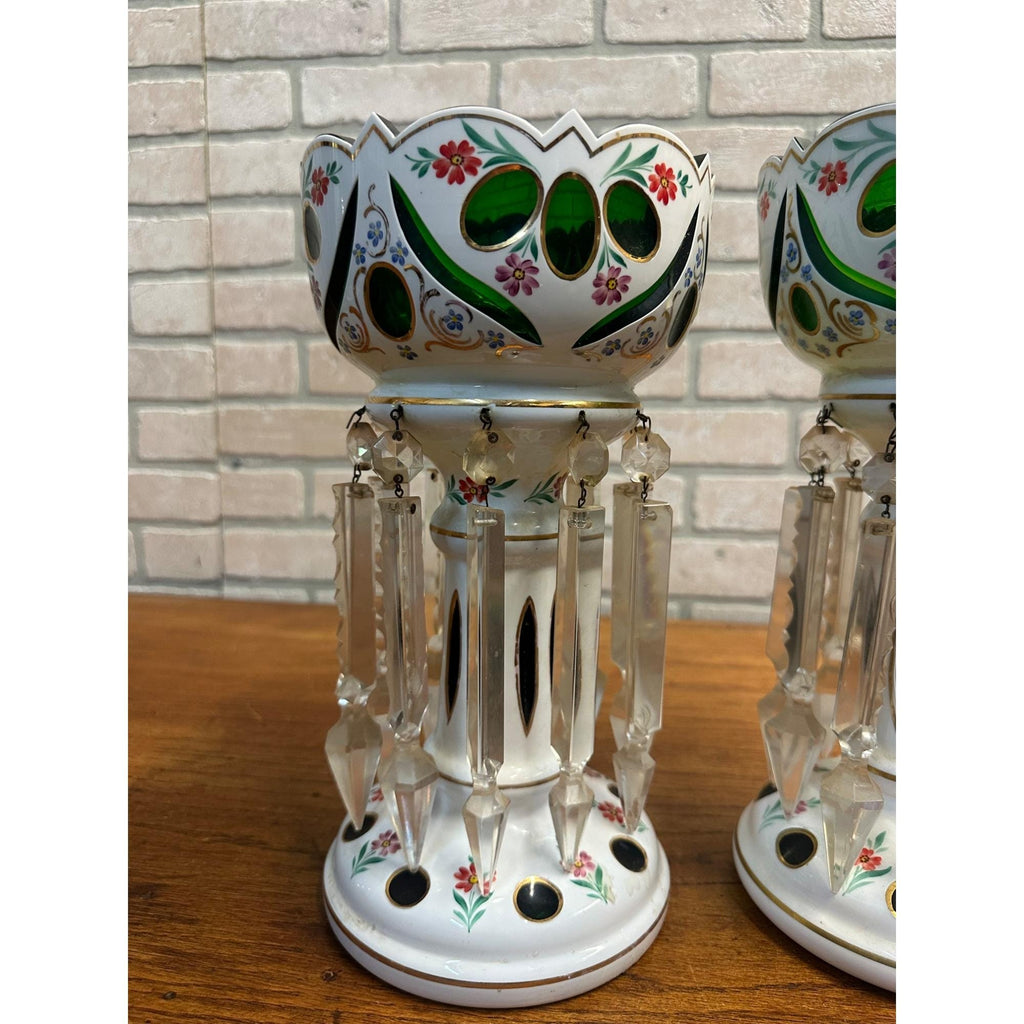 Victorian Era Pair of Czech/ Crystal, Bohemian Mantle Luster Lamps White & Green