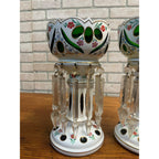 Victorian Era Pair of Czech/ Crystal, Bohemian Mantle Luster Lamps White & Green