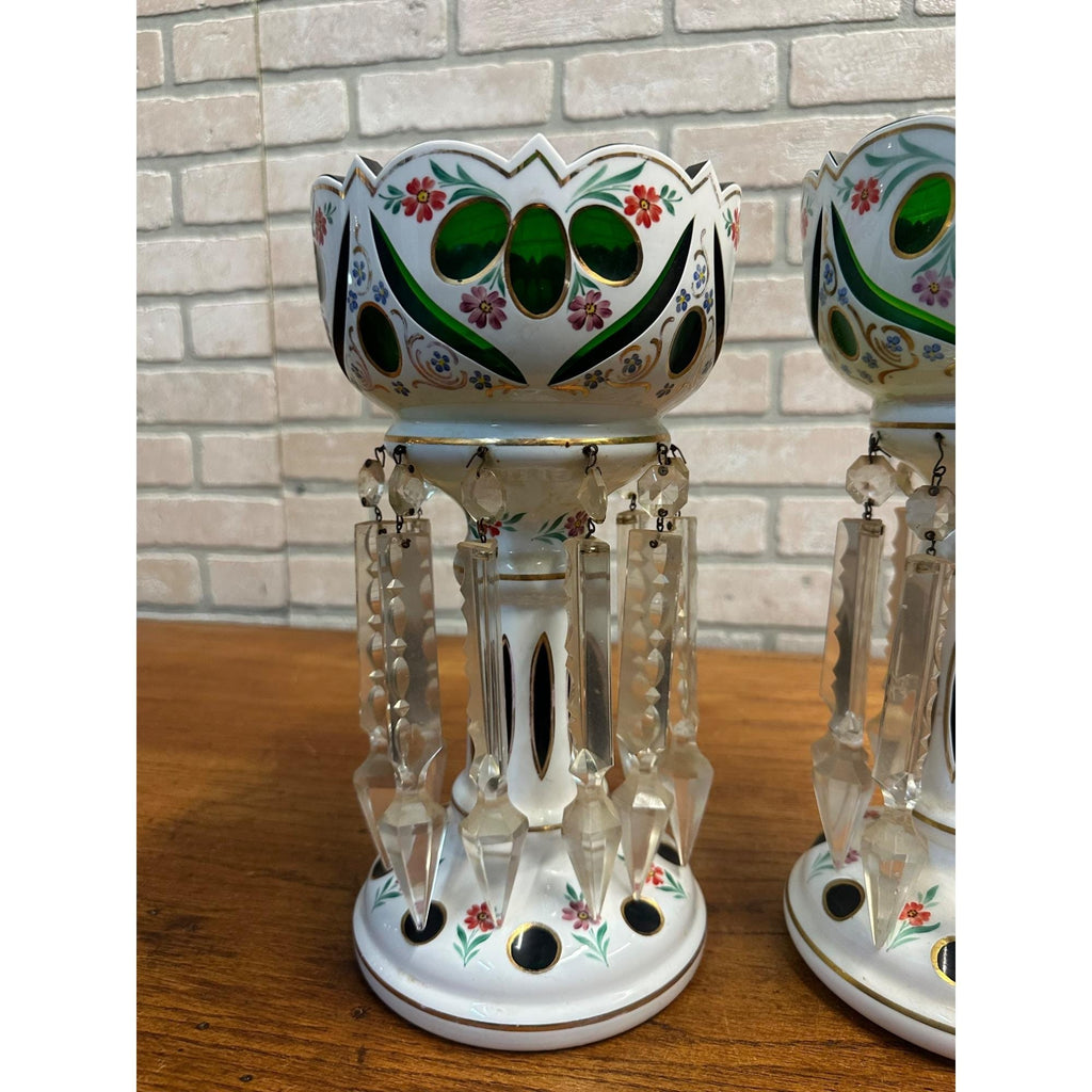 Victorian Era Pair of Czech/ Crystal, Bohemian Mantle Luster Lamps White & Green
