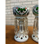 Victorian Era Pair of Czech/ Crystal, Bohemian Mantle Luster Lamps White & Green