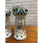 Victorian Era Pair of Czech/ Crystal, Bohemian Mantle Luster Lamps White & Green