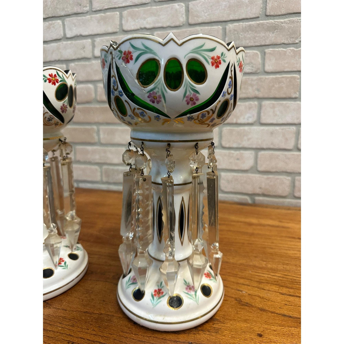 Victorian Era Pair of Czech/ Crystal, Bohemian Mantle Luster Lamps White & Green