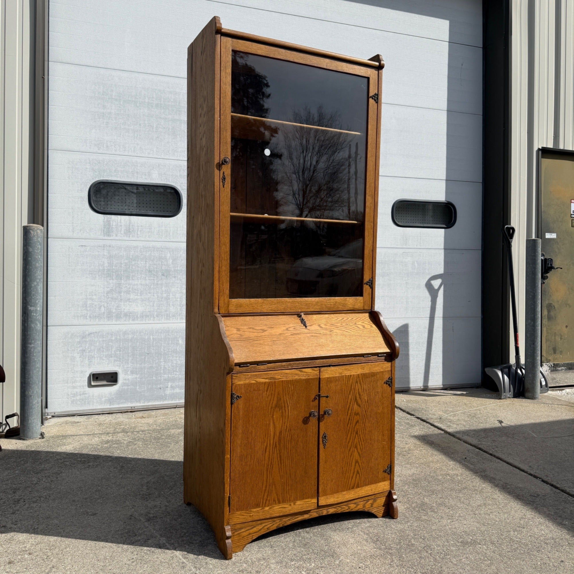 Antique Oak Wooden Secretary Cabinet Bookcase
