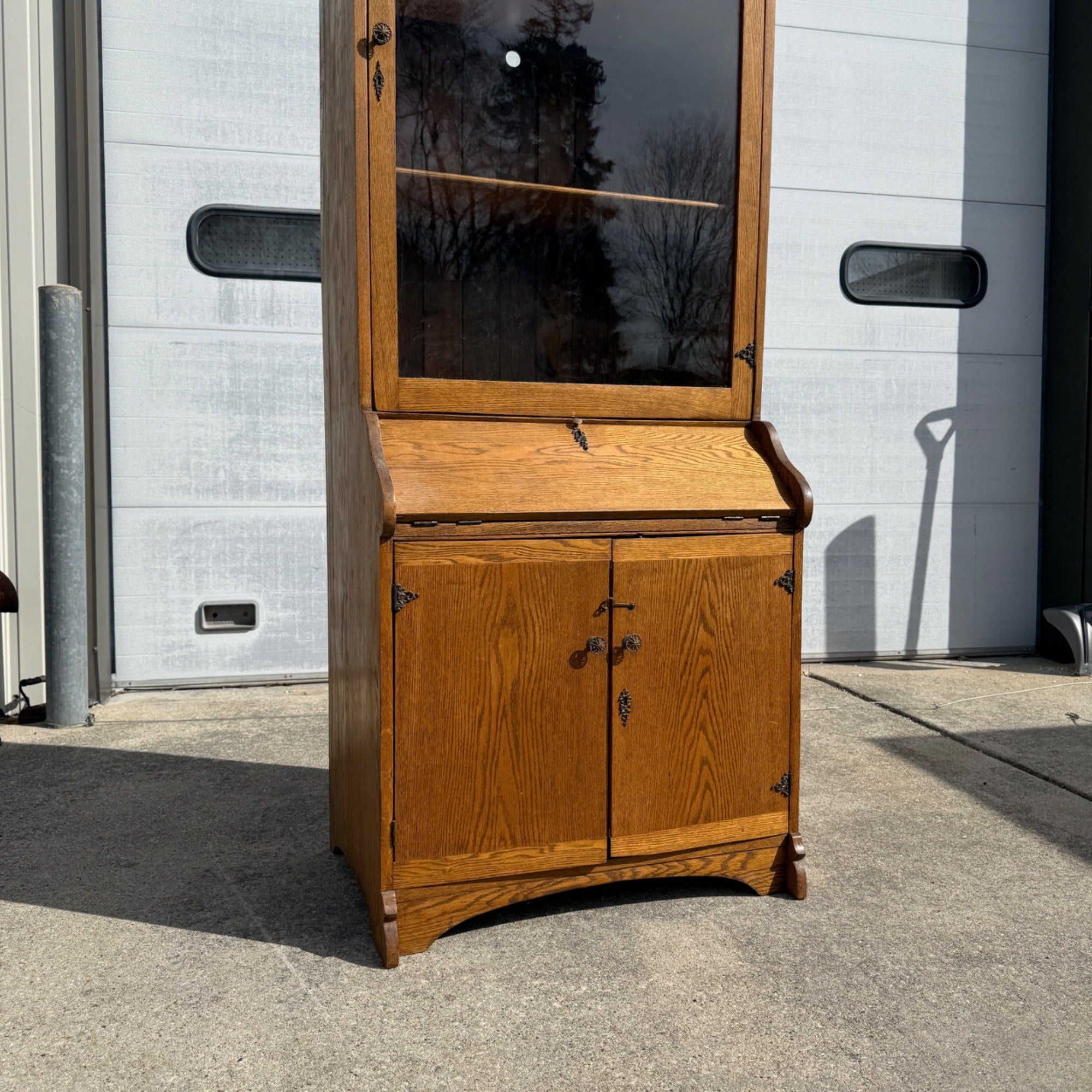 Antique Oak Wooden Secretary Cabinet Bookcase