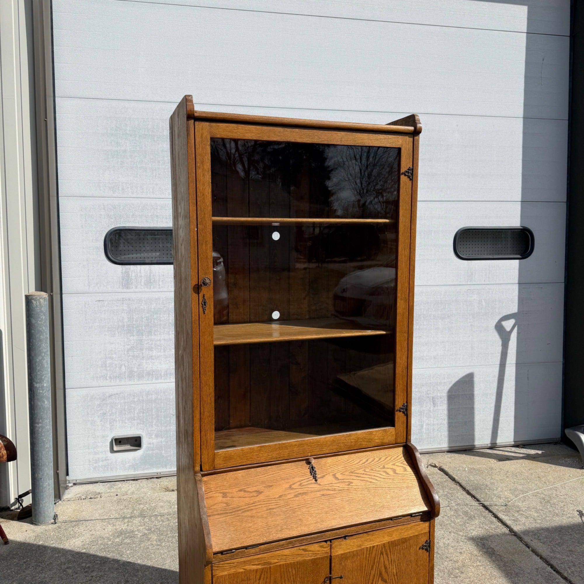 Antique Oak Wooden Secretary Cabinet Bookcase