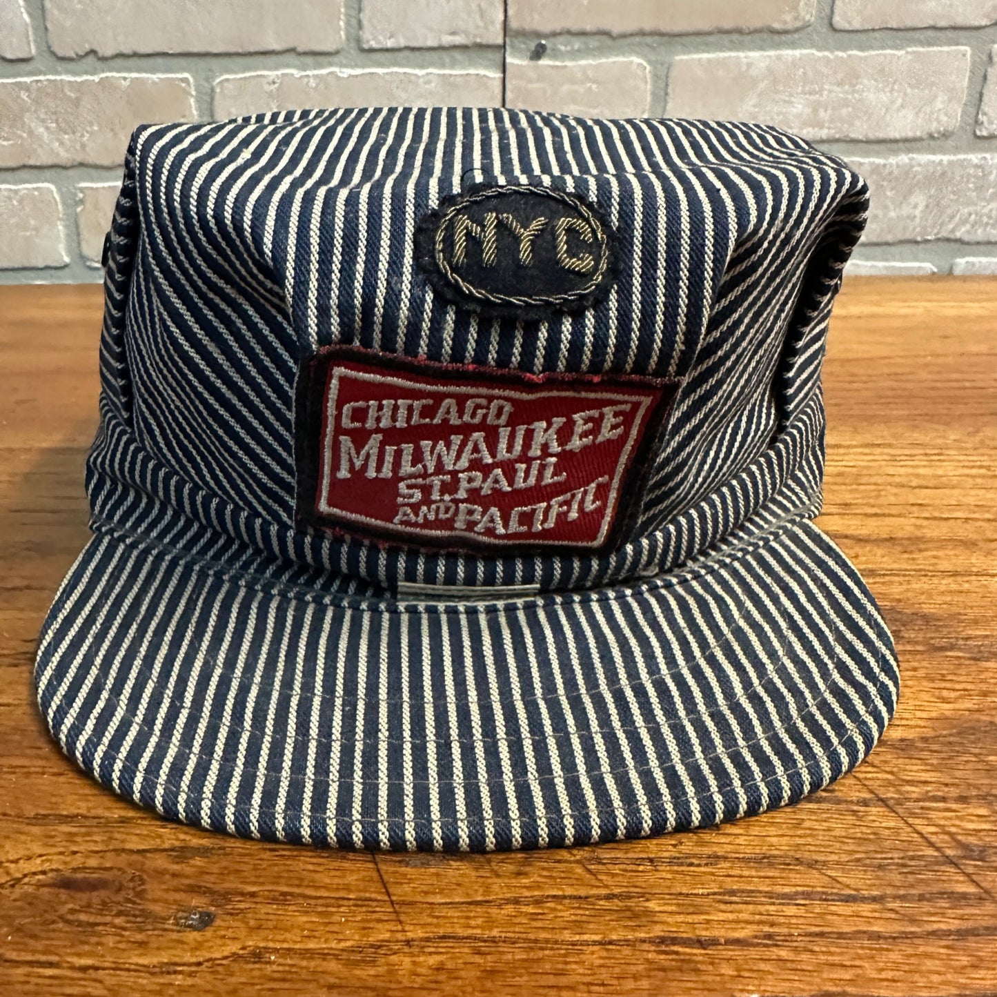 Original LEE Railroad Stripe Engineer Cap Chicago, Milwaukee St Paul Pacific Patch