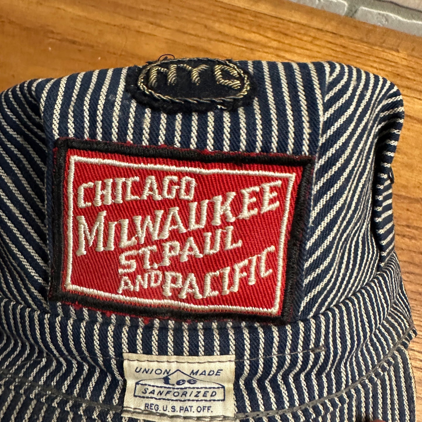 Original LEE Railroad Stripe Engineer Cap Chicago, Milwaukee St Paul Pacific Patch