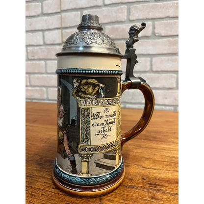 Mettlach Antique Vintage German Beer Stein 2271/1055 Pewter Lid 1/2L Old German