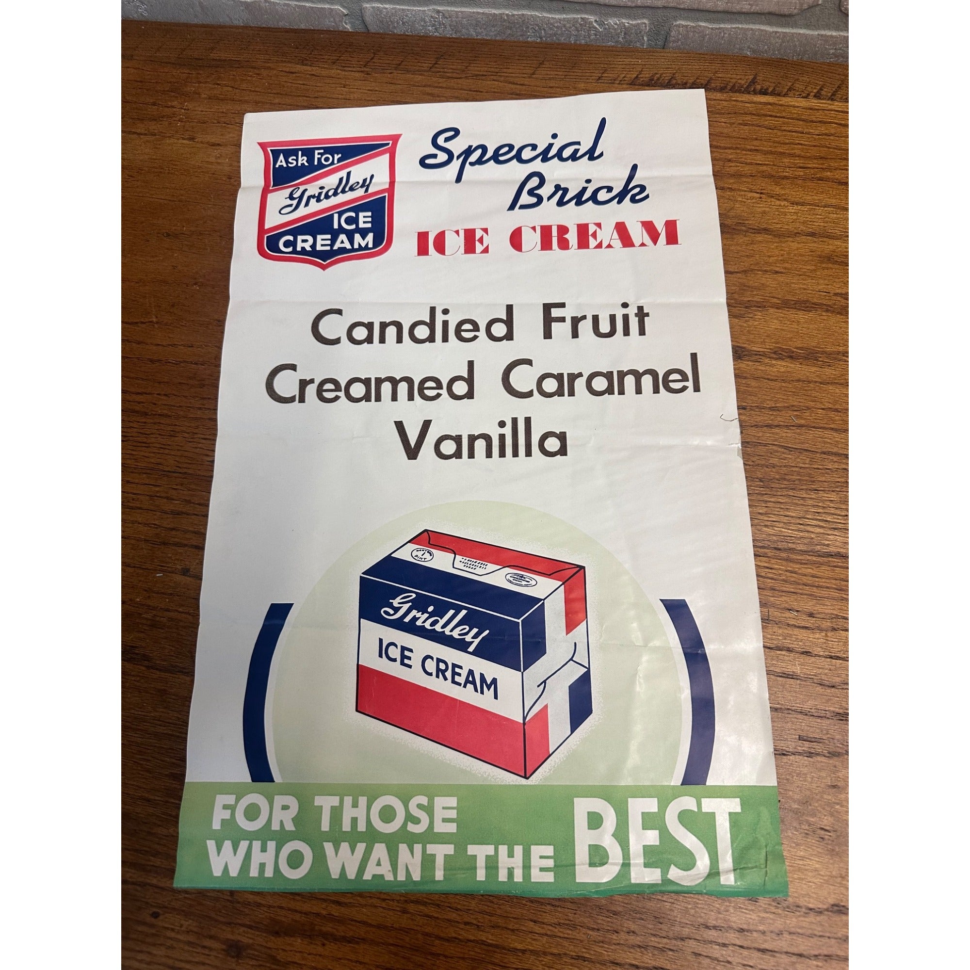 Vintage 1940s Gridley Dairy Co. Ice Cream Advertising Paper Sign Milwaukee Wis