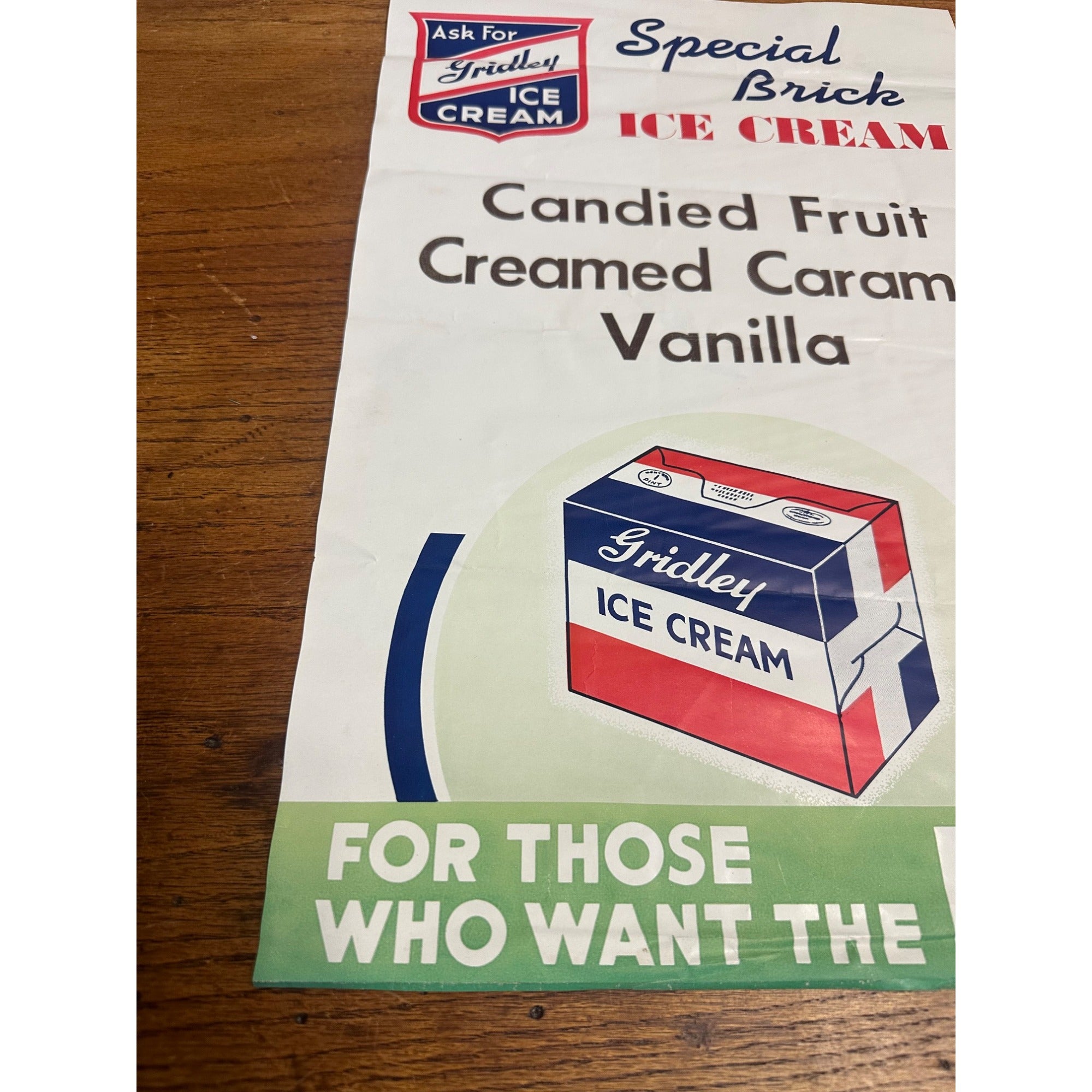 Vintage 1940s Gridley Dairy Co. Ice Cream Advertising Paper Sign Milwaukee Wis