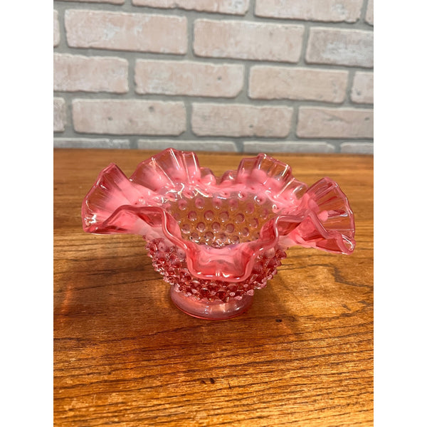 Vintage Fenton Cranberry & White Opalescent Hobnail Ruffled 7" Bowl Candy Dish