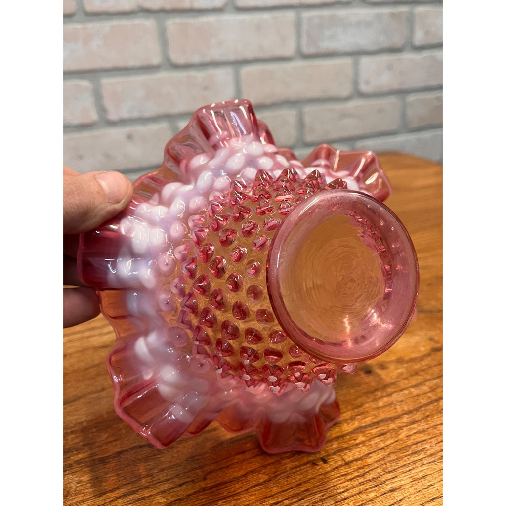 Vintage Fenton Cranberry & White Opalescent Hobnail Ruffled 7" Bowl Candy Dish