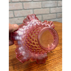 Vintage Fenton Cranberry & White Opalescent Hobnail Ruffled 7" Bowl Candy Dish