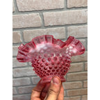Vintage Fenton Cranberry & White Opalescent Hobnail Ruffled 7" Bowl Candy Dish