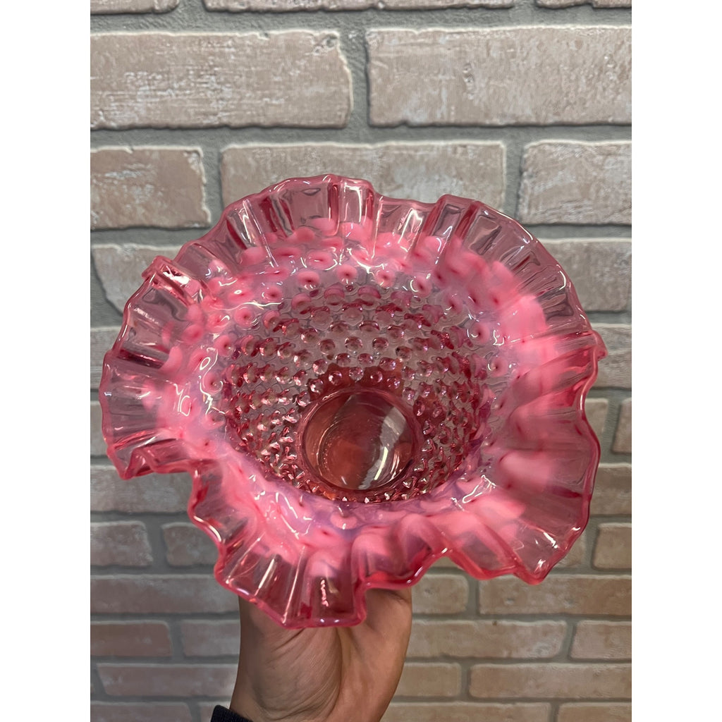 Vintage Fenton Cranberry & White Opalescent Hobnail Ruffled 7" Bowl Candy Dish