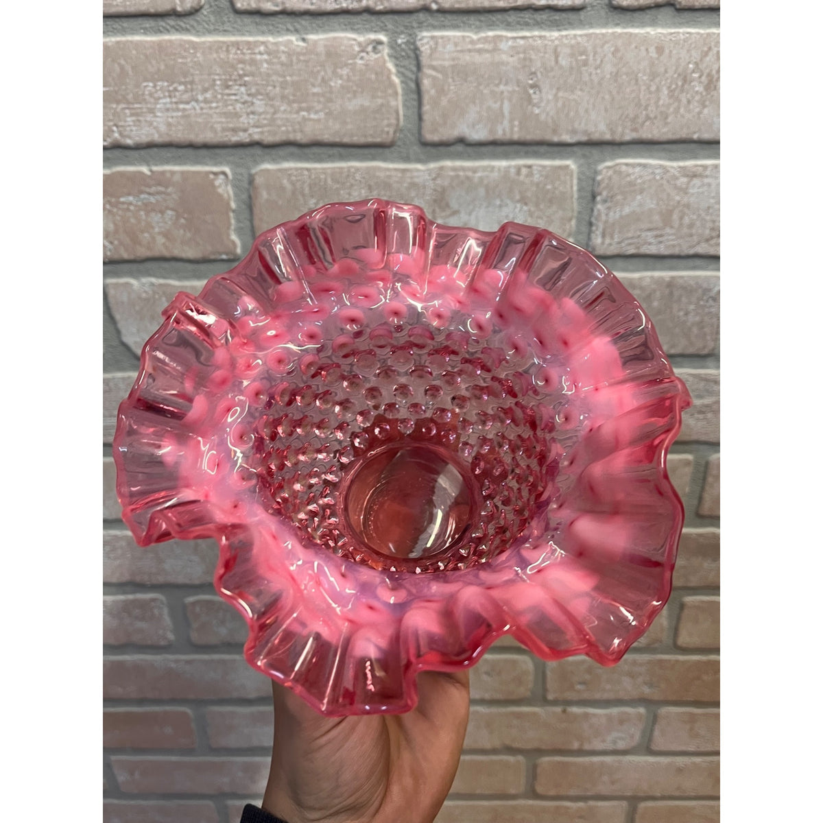 Vintage Fenton Cranberry & White Opalescent Hobnail Ruffled 7" Bowl Candy Dish