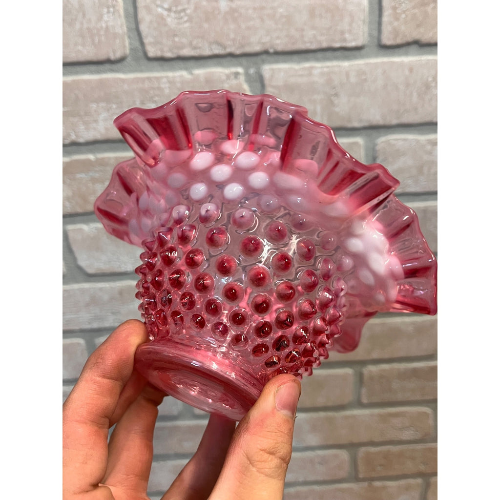 Vintage Fenton Cranberry & White Opalescent Hobnail Ruffled 7" Bowl Candy Dish