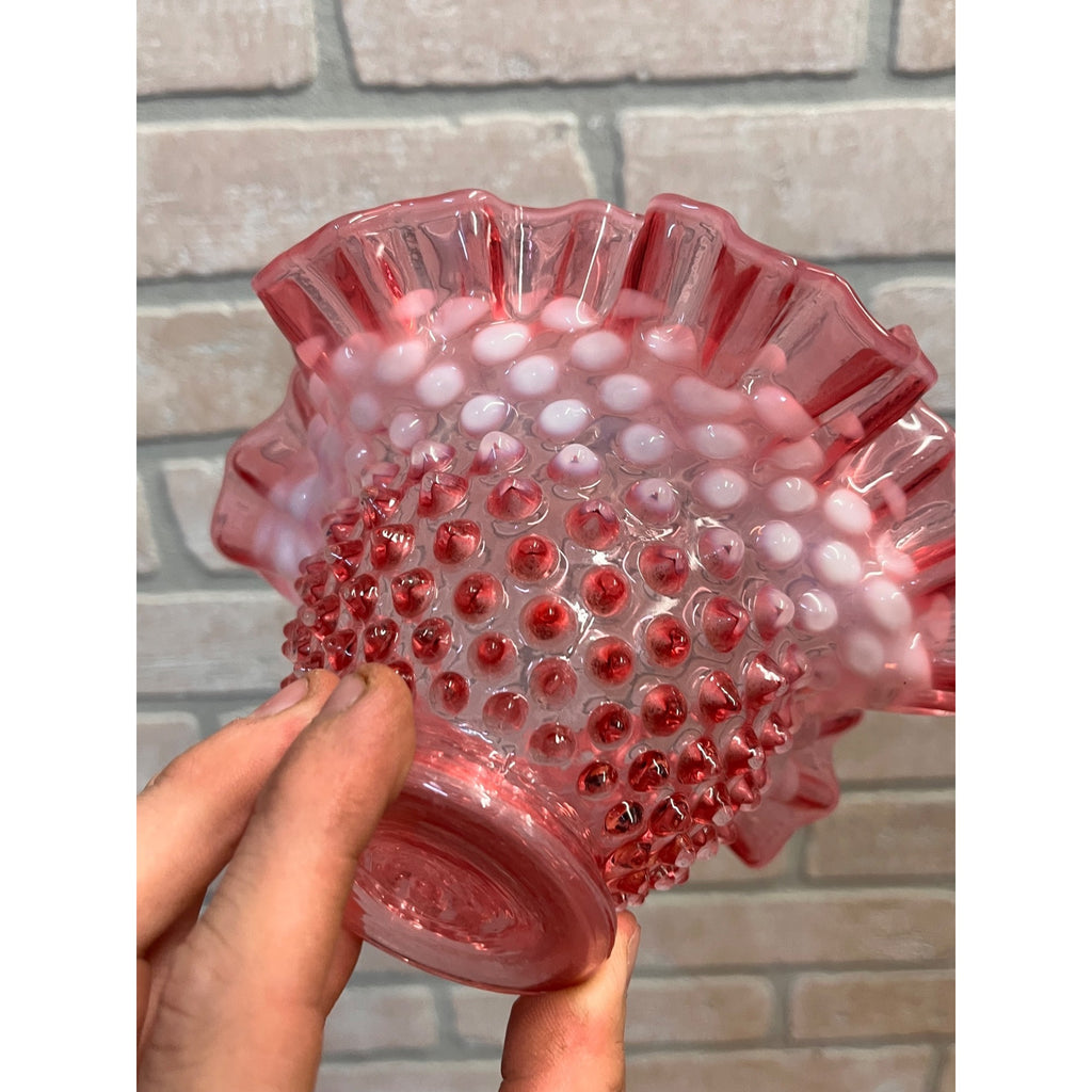 Vintage Fenton Cranberry & White Opalescent Hobnail Ruffled 7" Bowl Candy Dish