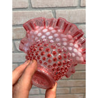 Vintage Fenton Cranberry & White Opalescent Hobnail Ruffled 7" Bowl Candy Dish