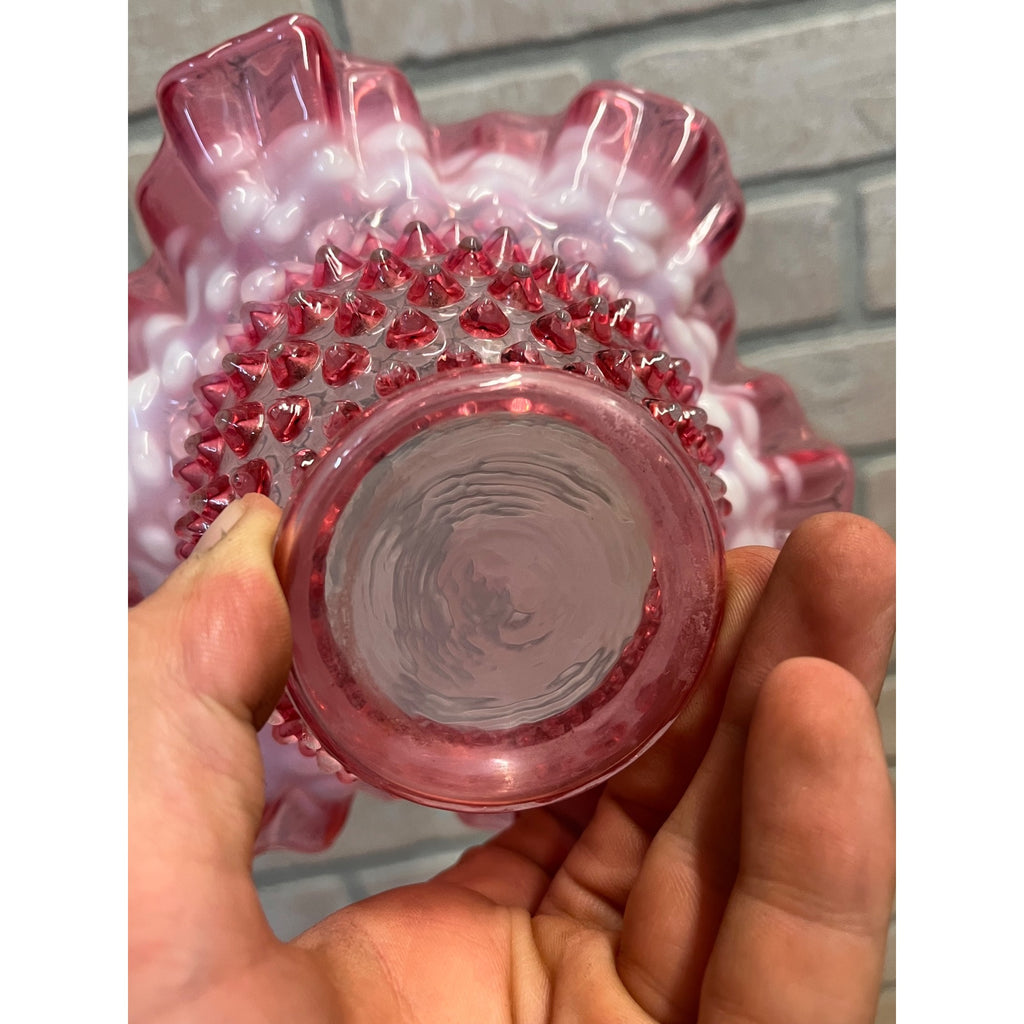 Vintage Fenton Cranberry & White Opalescent Hobnail Ruffled 7" Bowl Candy Dish